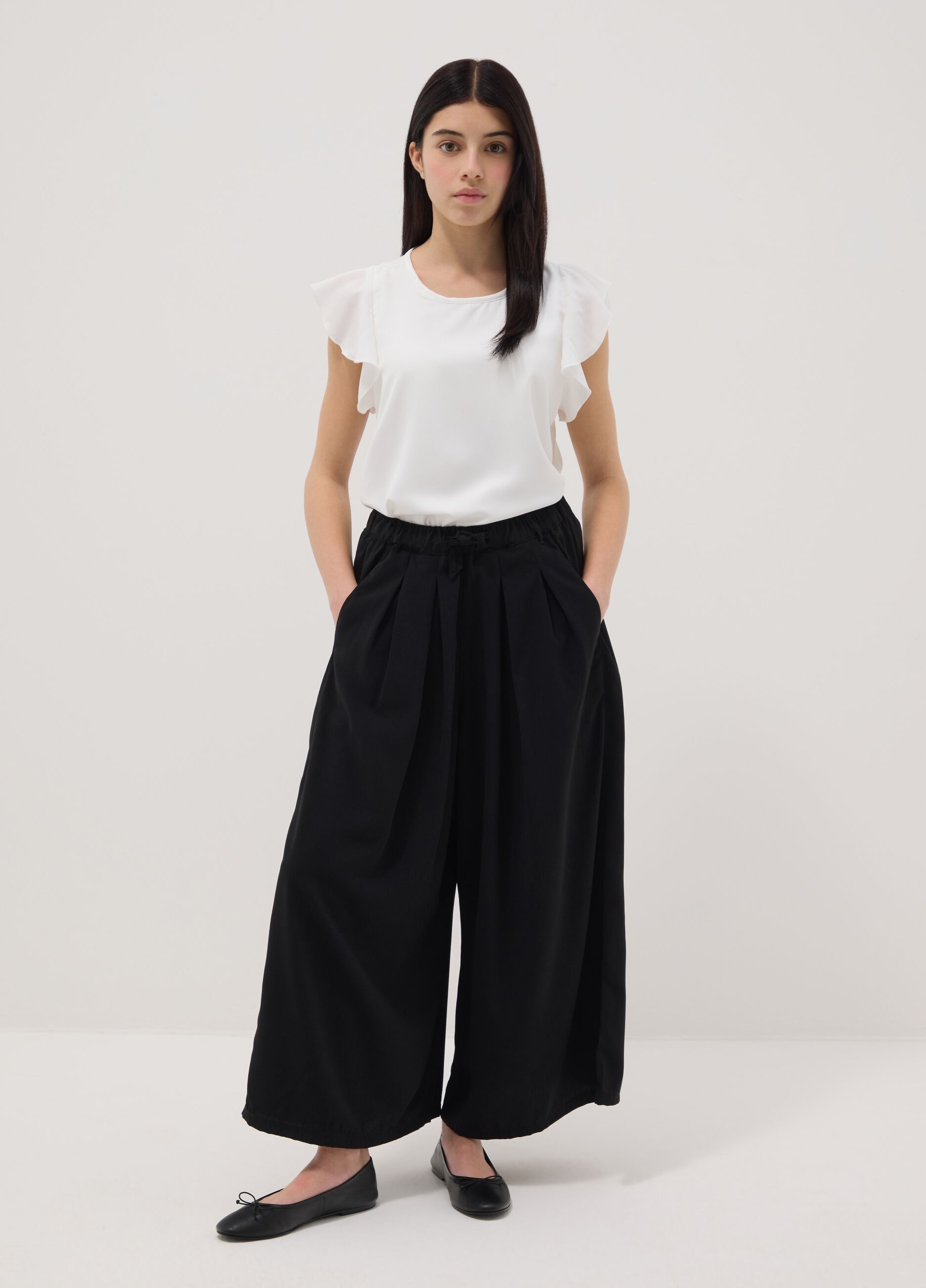 Girls' black pure cotton wide leg trousers