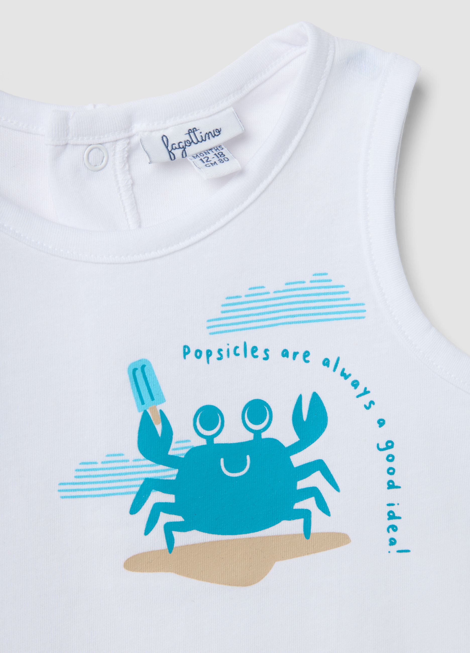 White pure cotton boys&rsquo; vest, regular fit, with crab prints