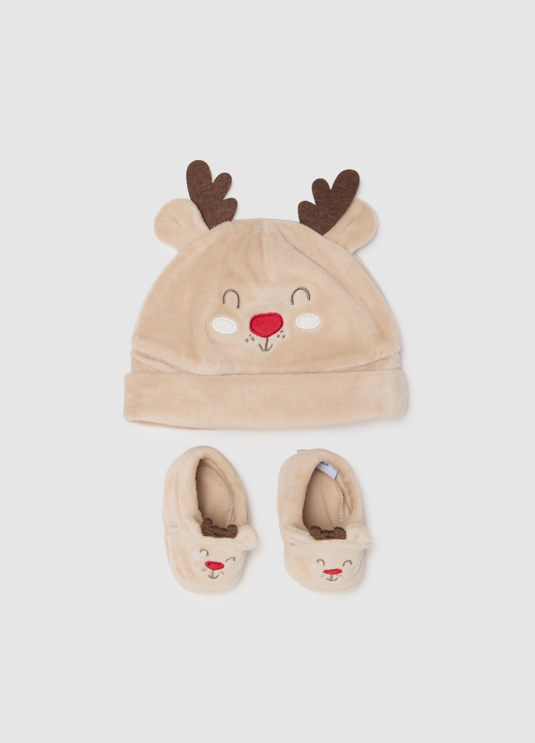 Christmas Set: Baby Hat and Booties in Beige Velour