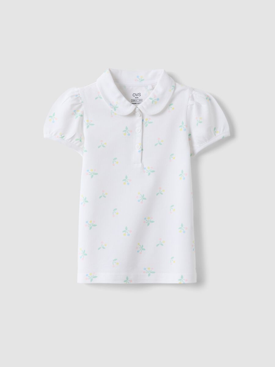 Girls' white cotton polo regular fit with floral pattern_0