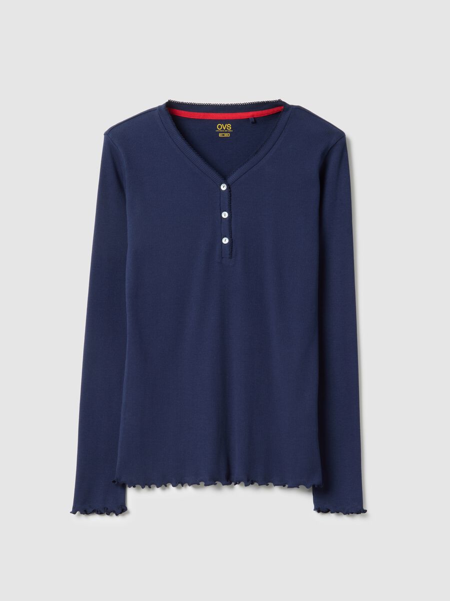T-shirt &agrave; manches longues en coton bleu pur coupe r&eacute;guli&egrave;re avec col Henley_4