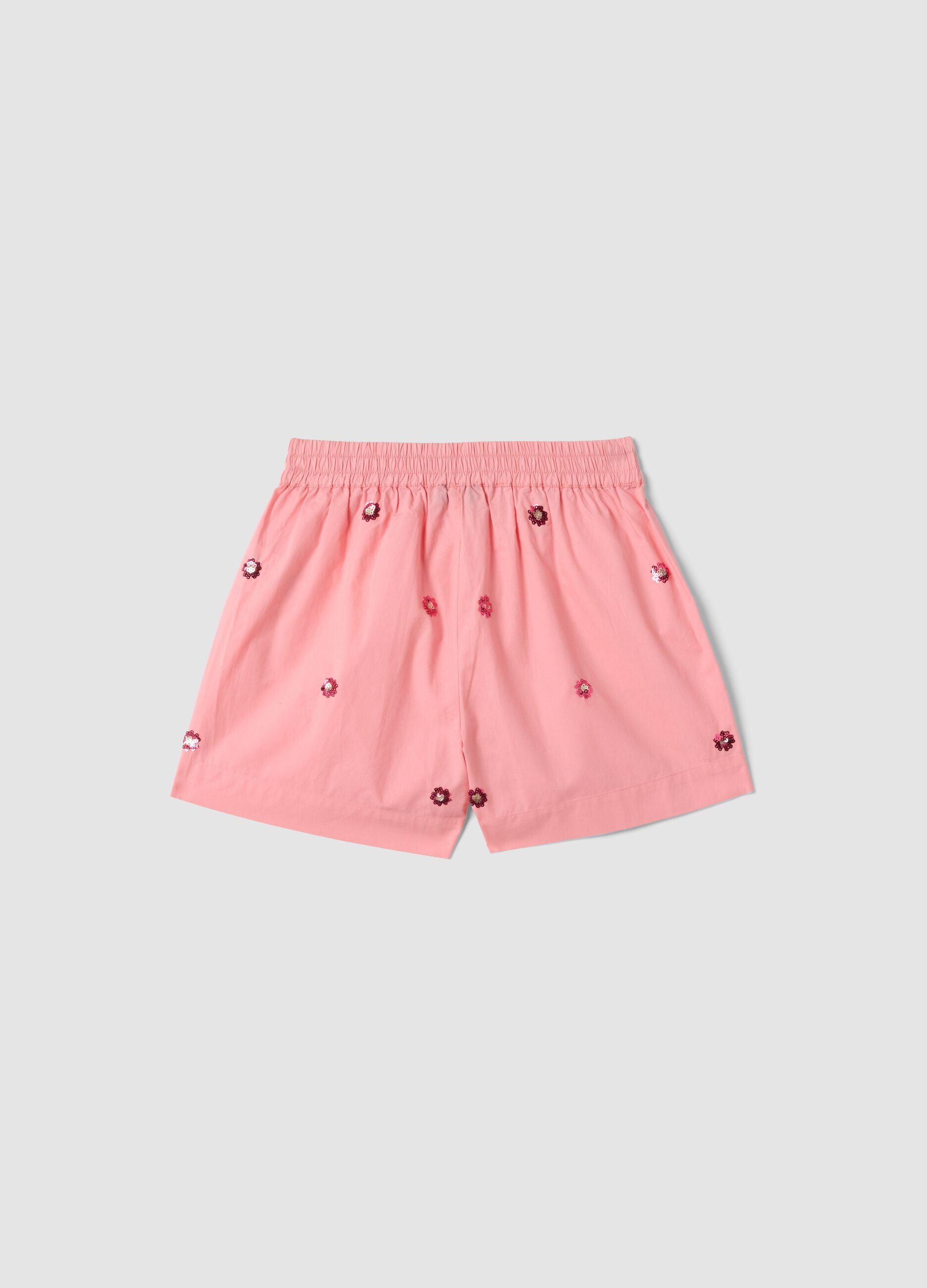 Pink pure cotton shorts with floral sequins