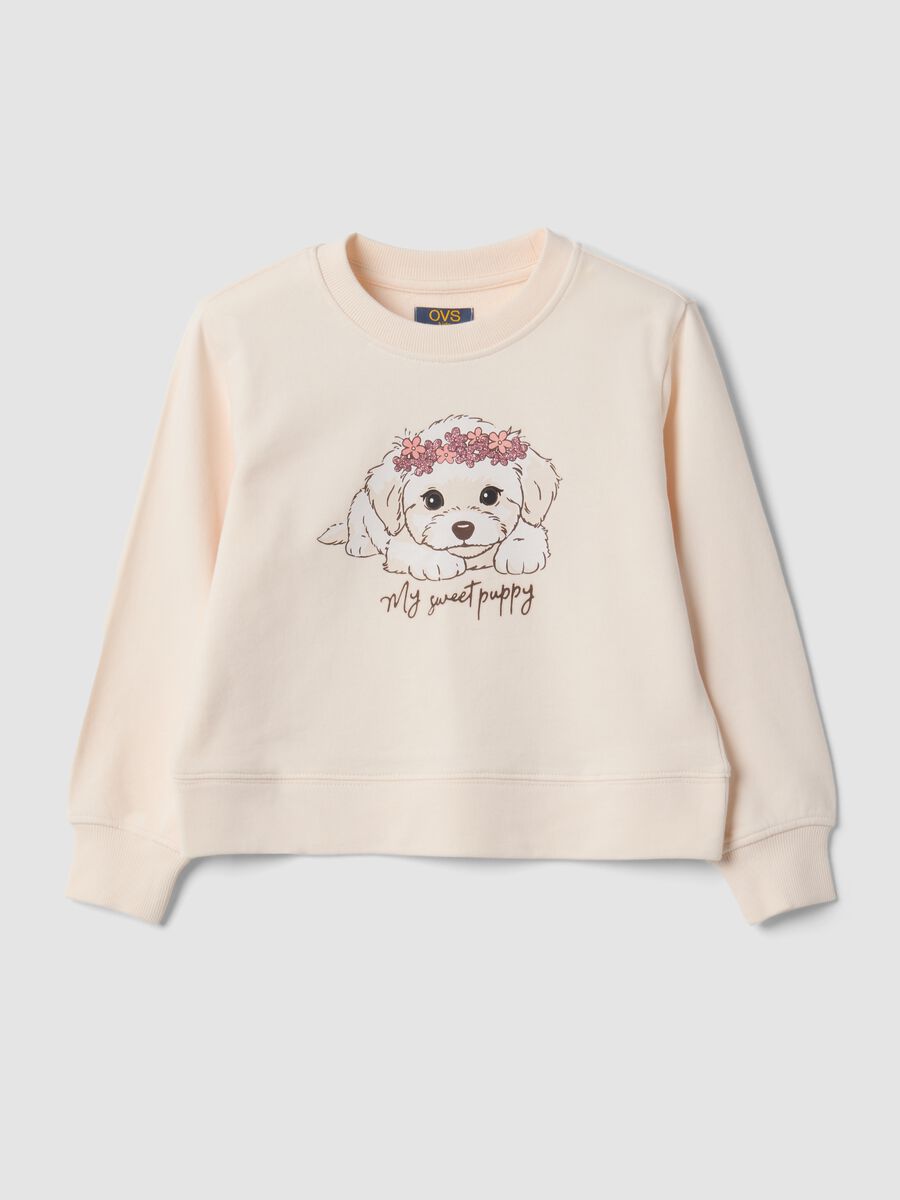Beige pure cotton sweatshirt with crew neck and puppy print_0