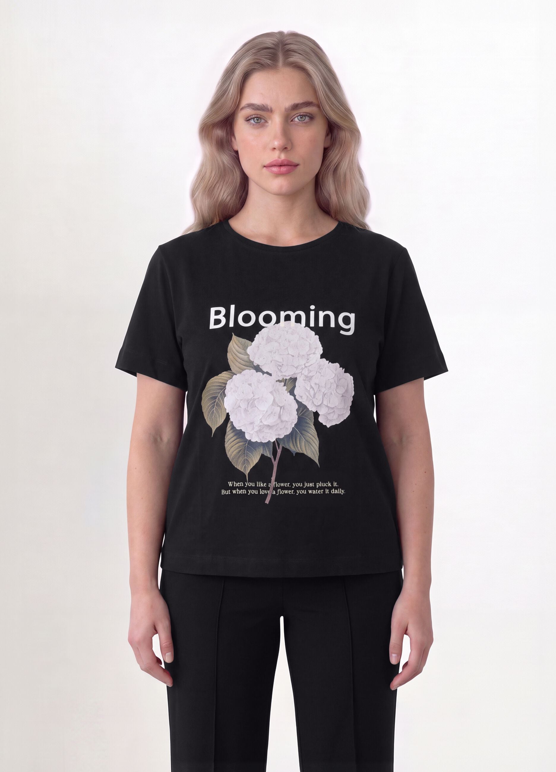Black pure cotton T-shirt with floral print, regular fit