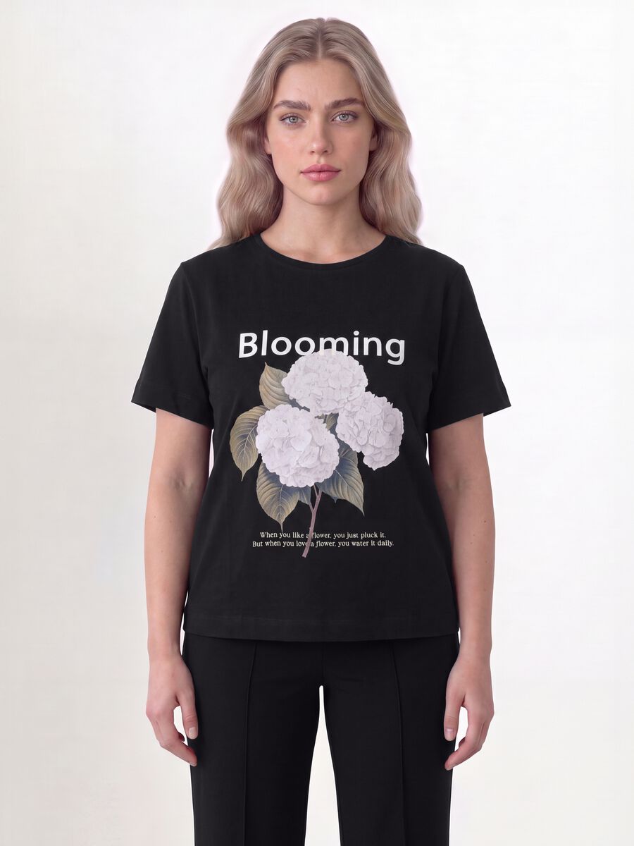Black pure cotton T-shirt with floral print, regular fit_1