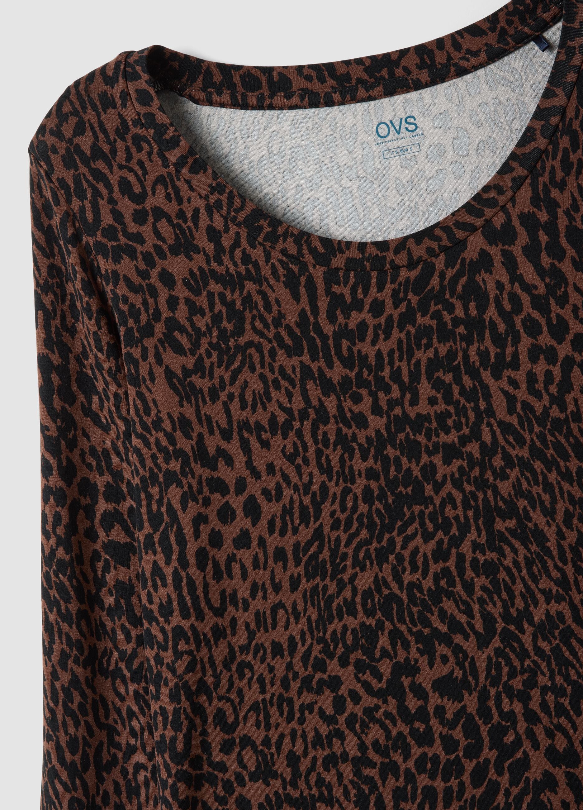 Brown stretch viscose animal-print slim-fit T-shirt