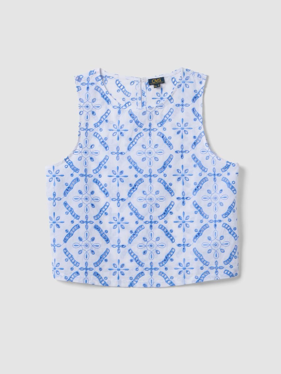 White organic cotton top with light blue embroidery_0