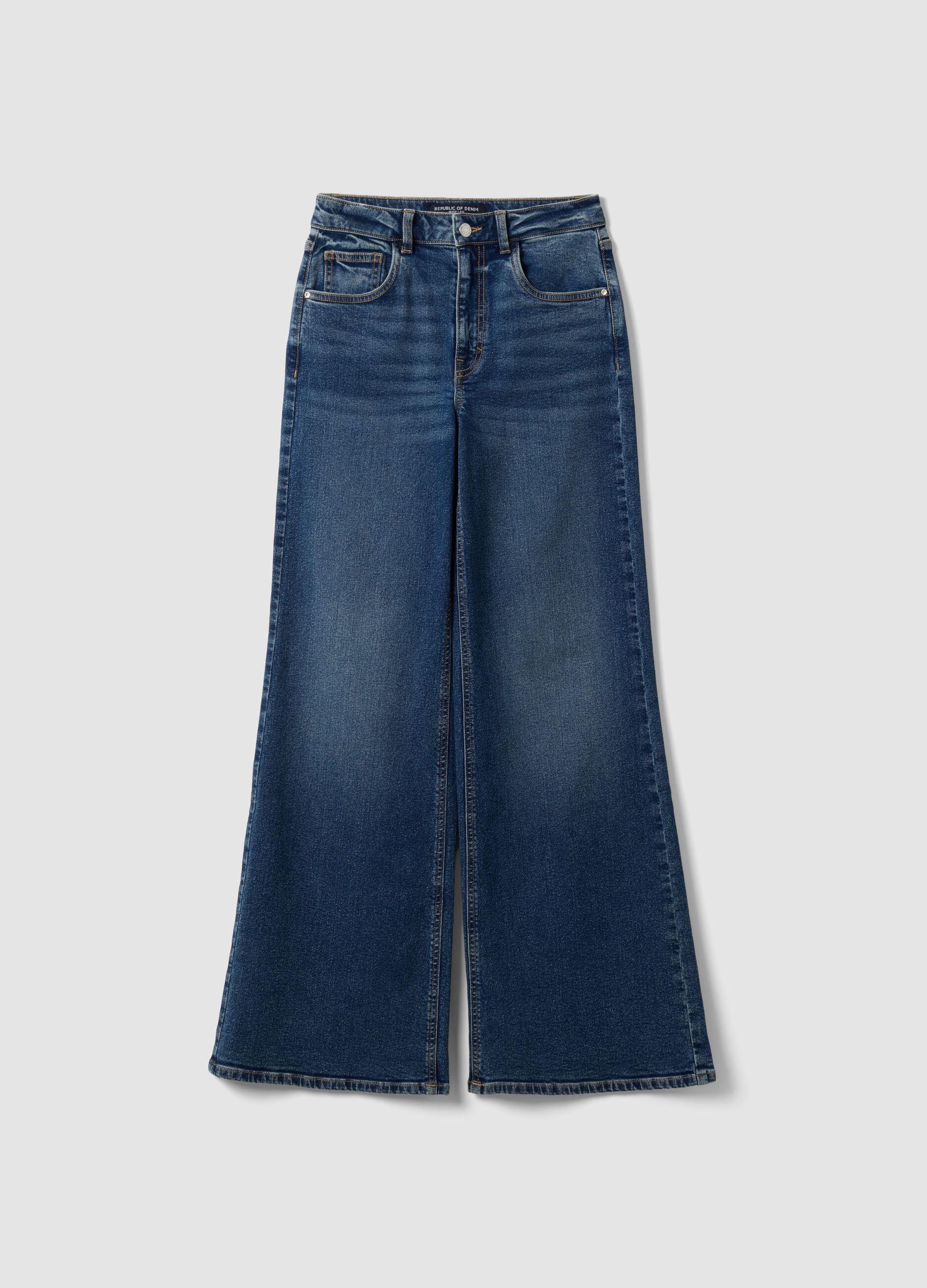 Blue high-waisted wide-leg stretch cotton jeans