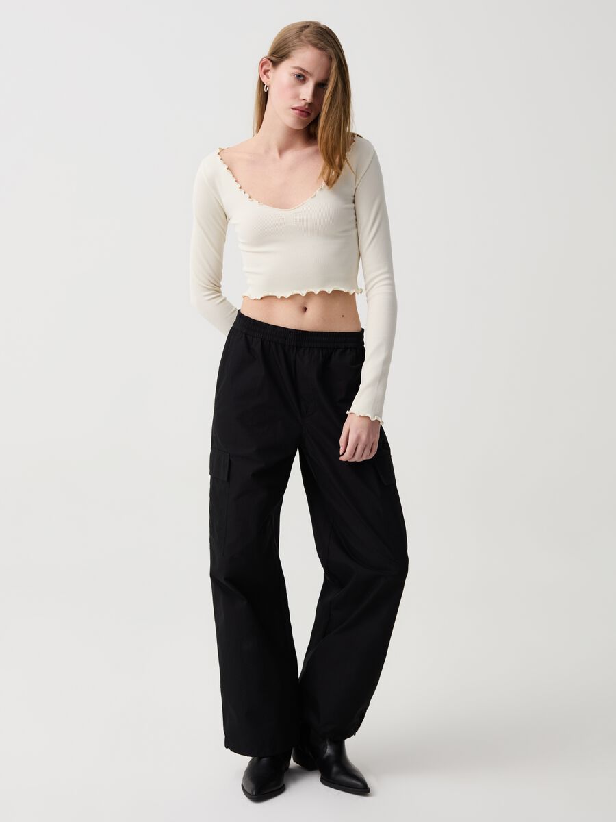Ribbed crop T-shirt with wavy edging_0