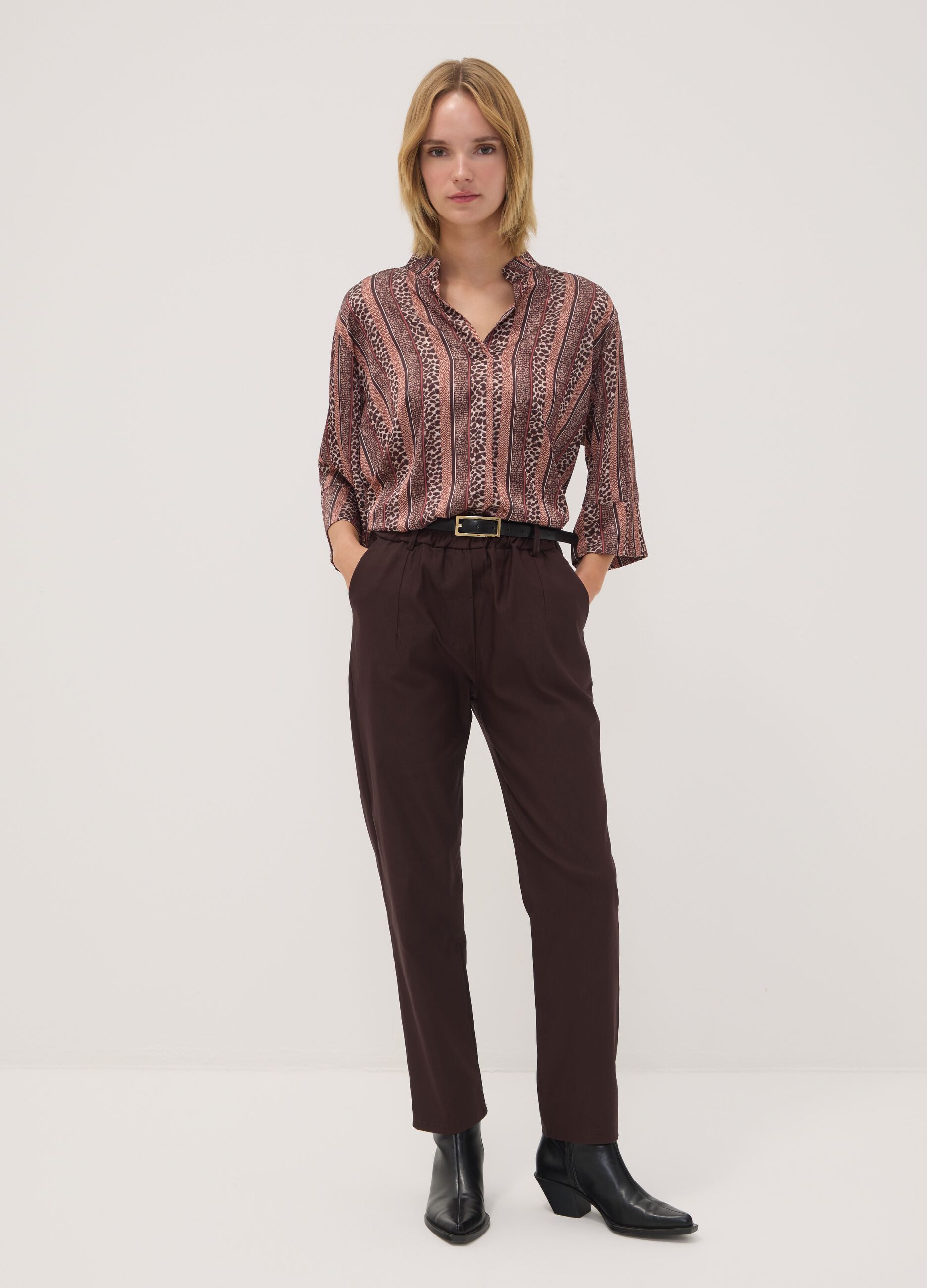 Brown regular-fit striped print blouse