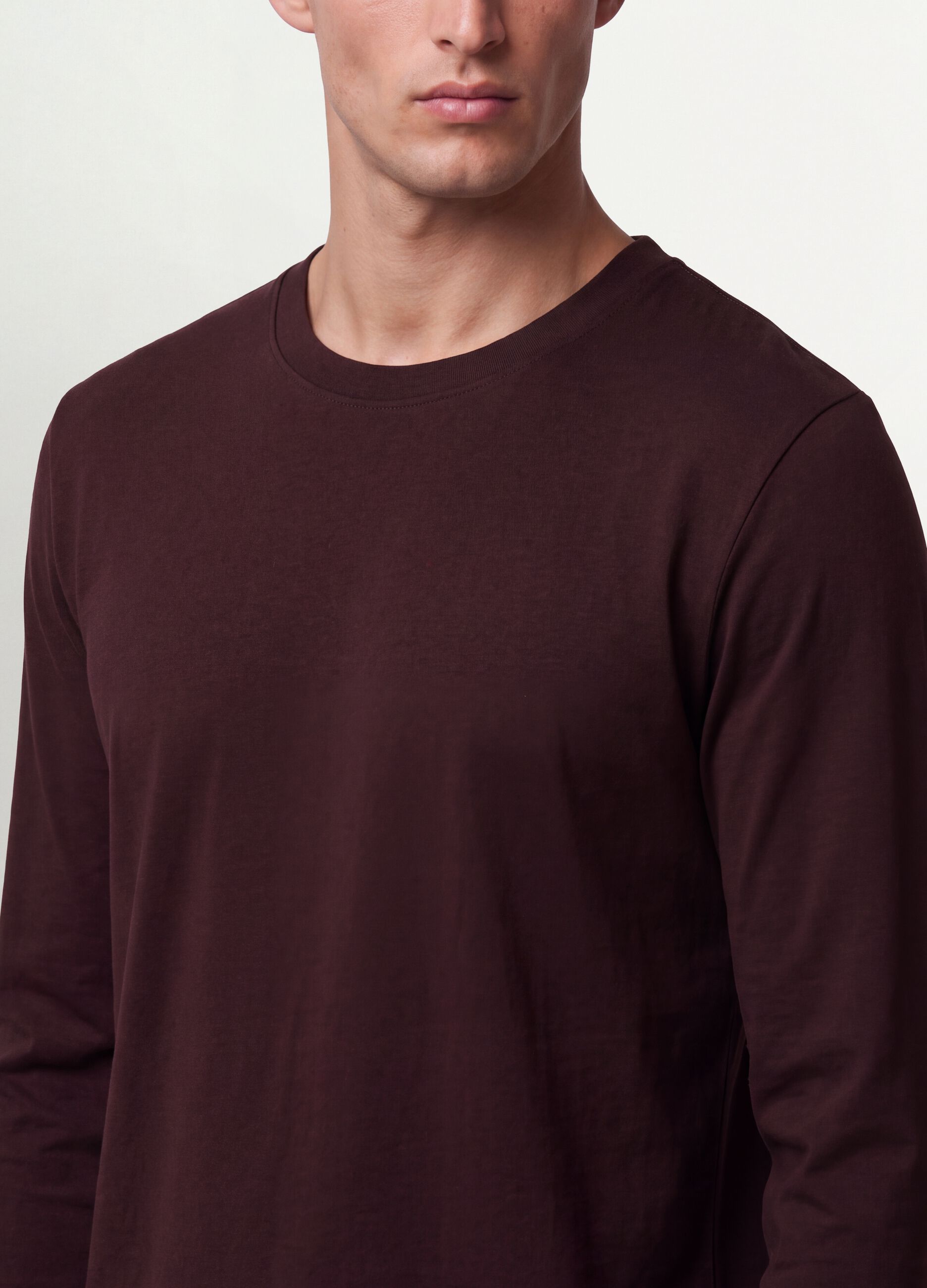 Brown long-sleeve T-shirt in pure organic cotton with crew neck