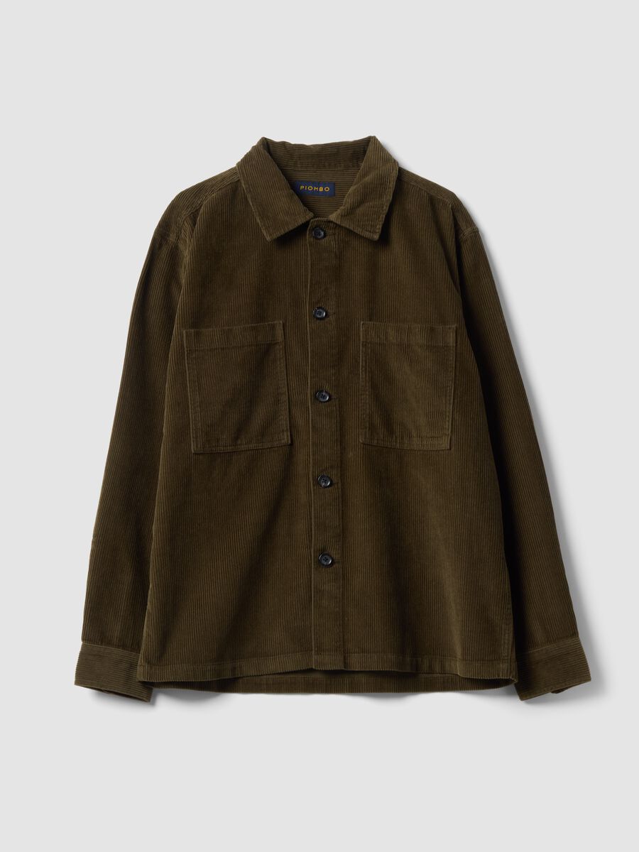 Brown ribbed pure cotton shacket with buttons, oversized fit_0