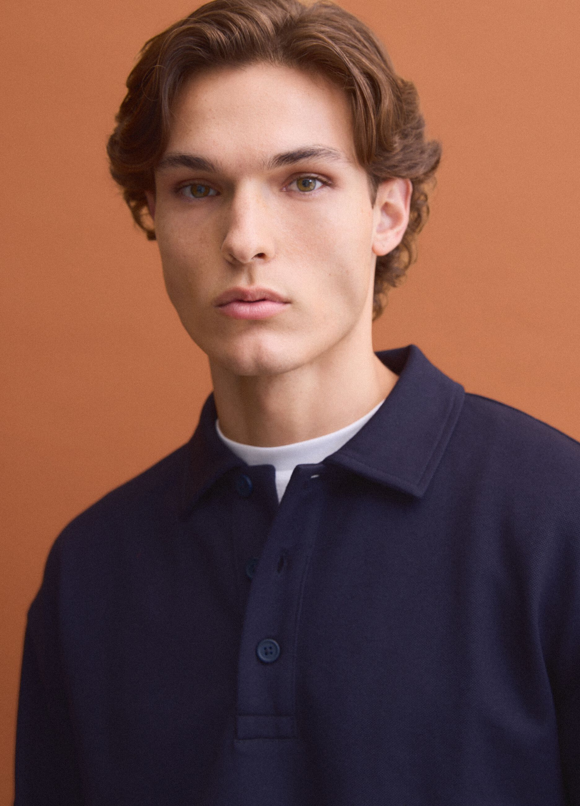 Navy stretch polo-collar sweatshirt with a relaxed fit