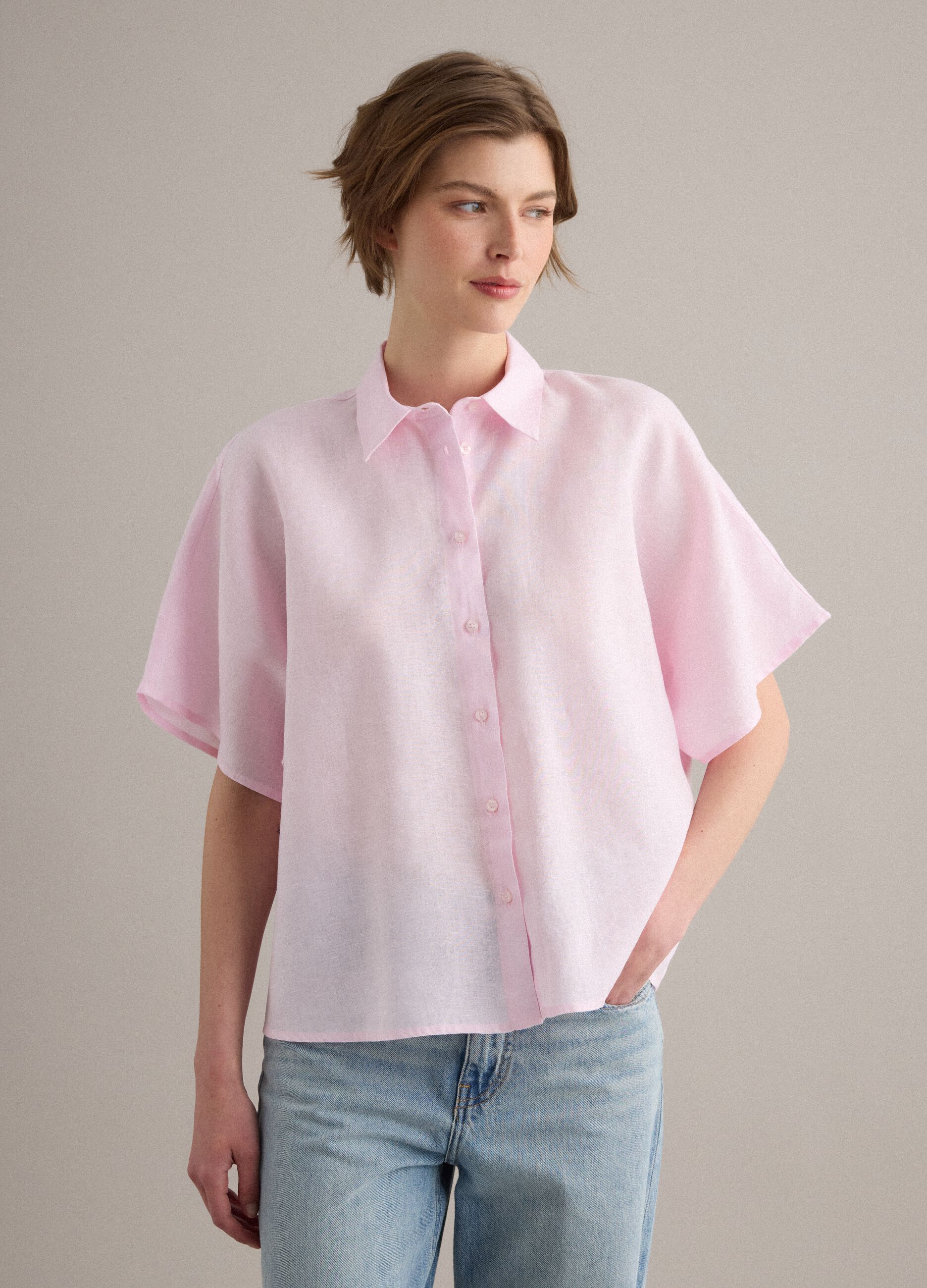 Pink pure linen regular-fit shirt