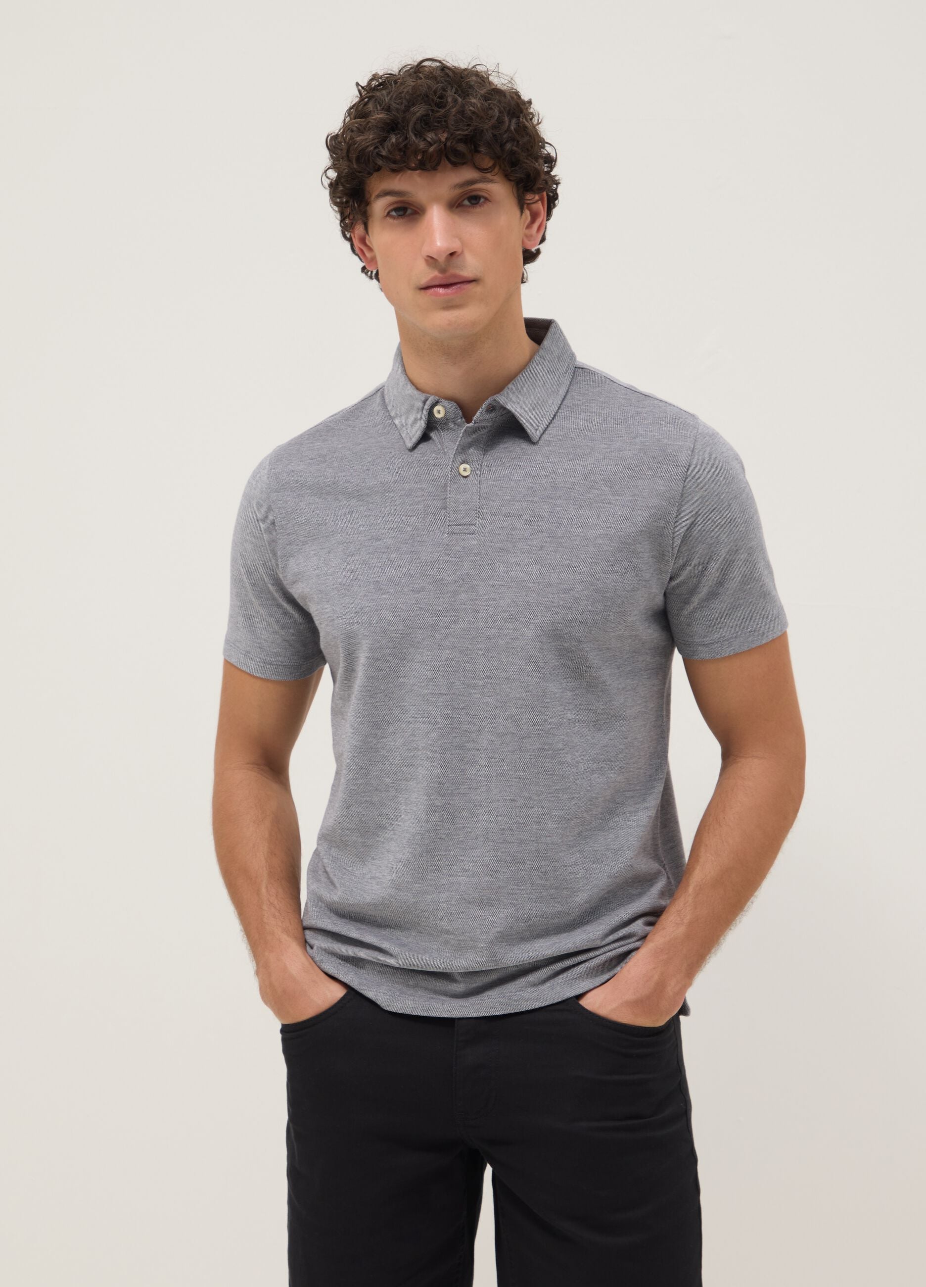 Grey short-sleeved polo shirt in pure cotton