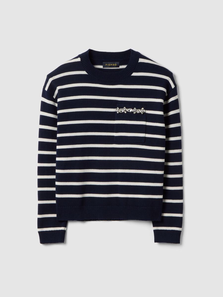 Blue jumper with white stripes in pure cotton regular fit_0