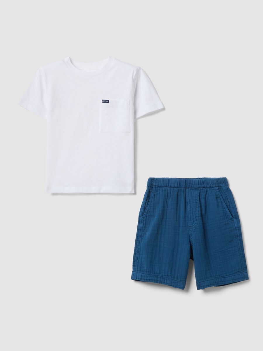 White and blue pure cotton T-shirt and shorts set for boys, regular fit_0