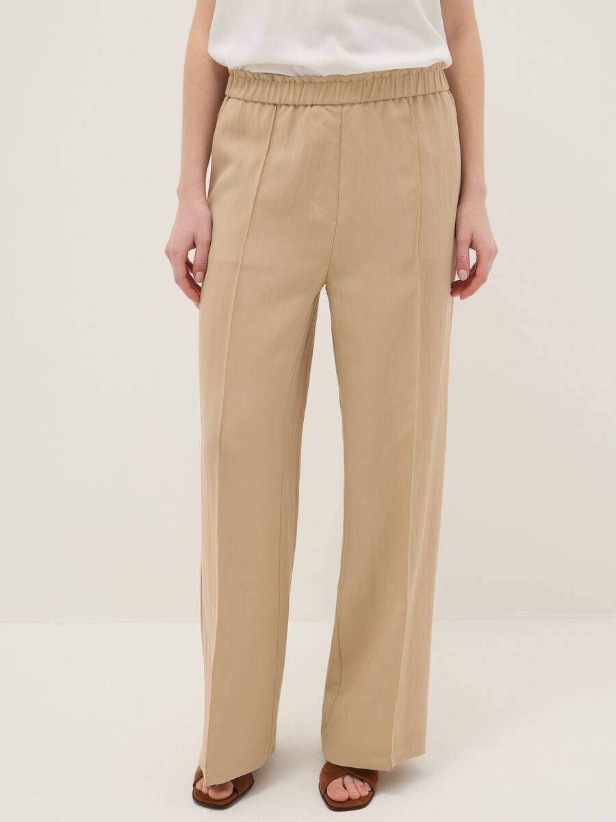 Beige wide leg jogger trousers in Lyocell and viscose blend_2
