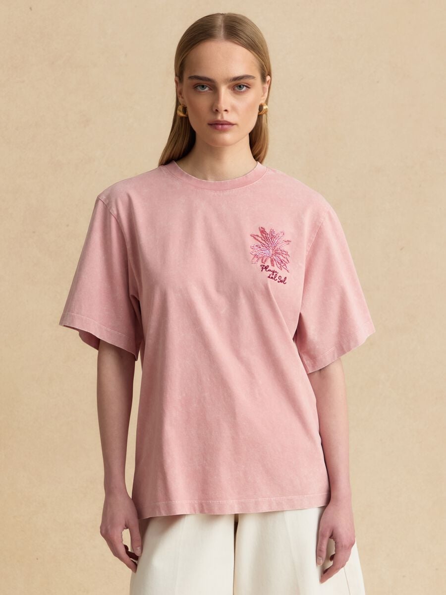 Pink pure cotton T-shirt with embroidery_1