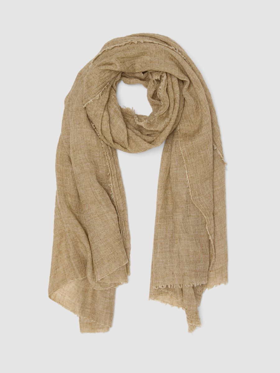 Beige wool-blend scarf with fringed edges_0