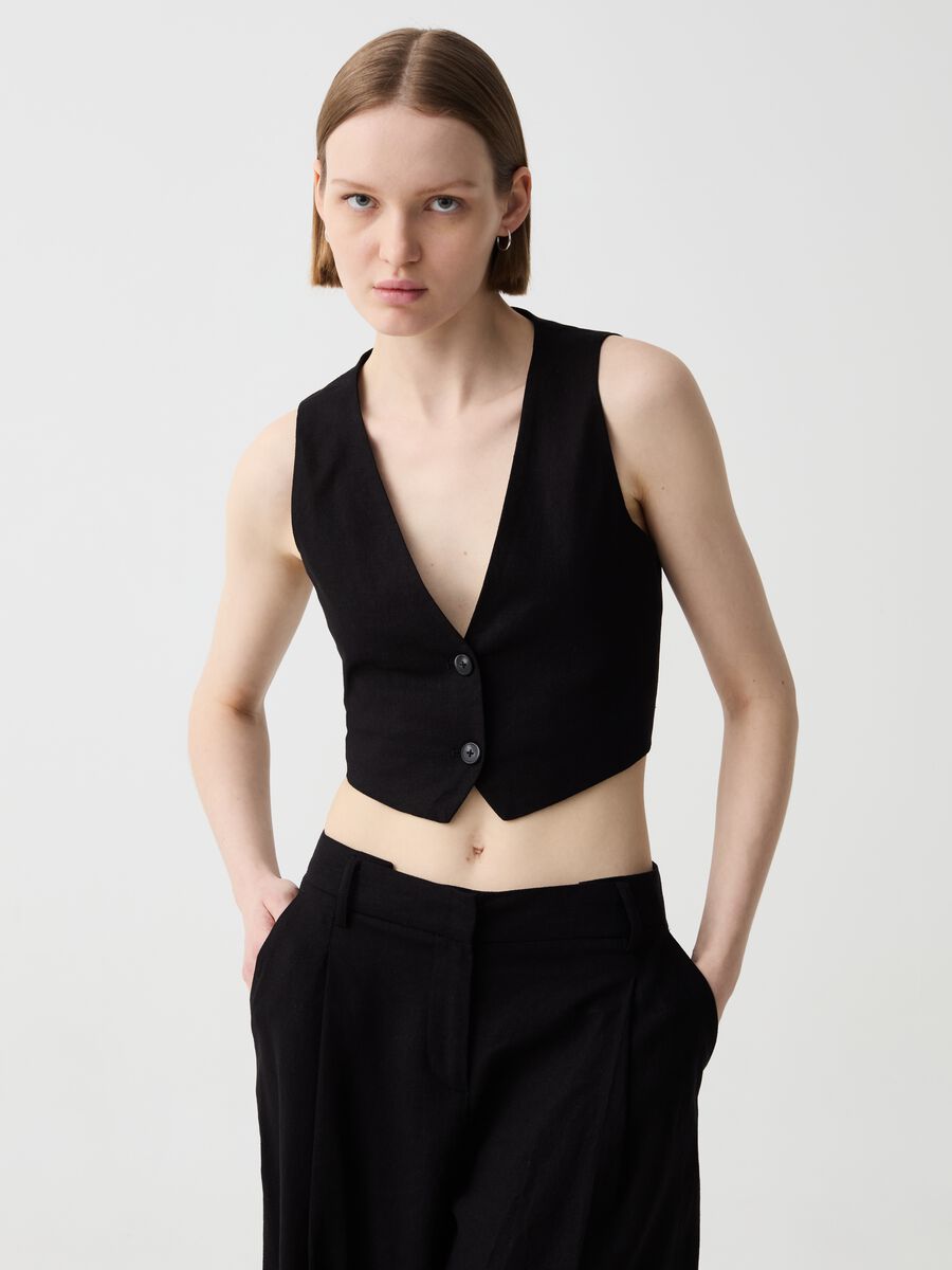 Cropped gilet in linen and viscose_0