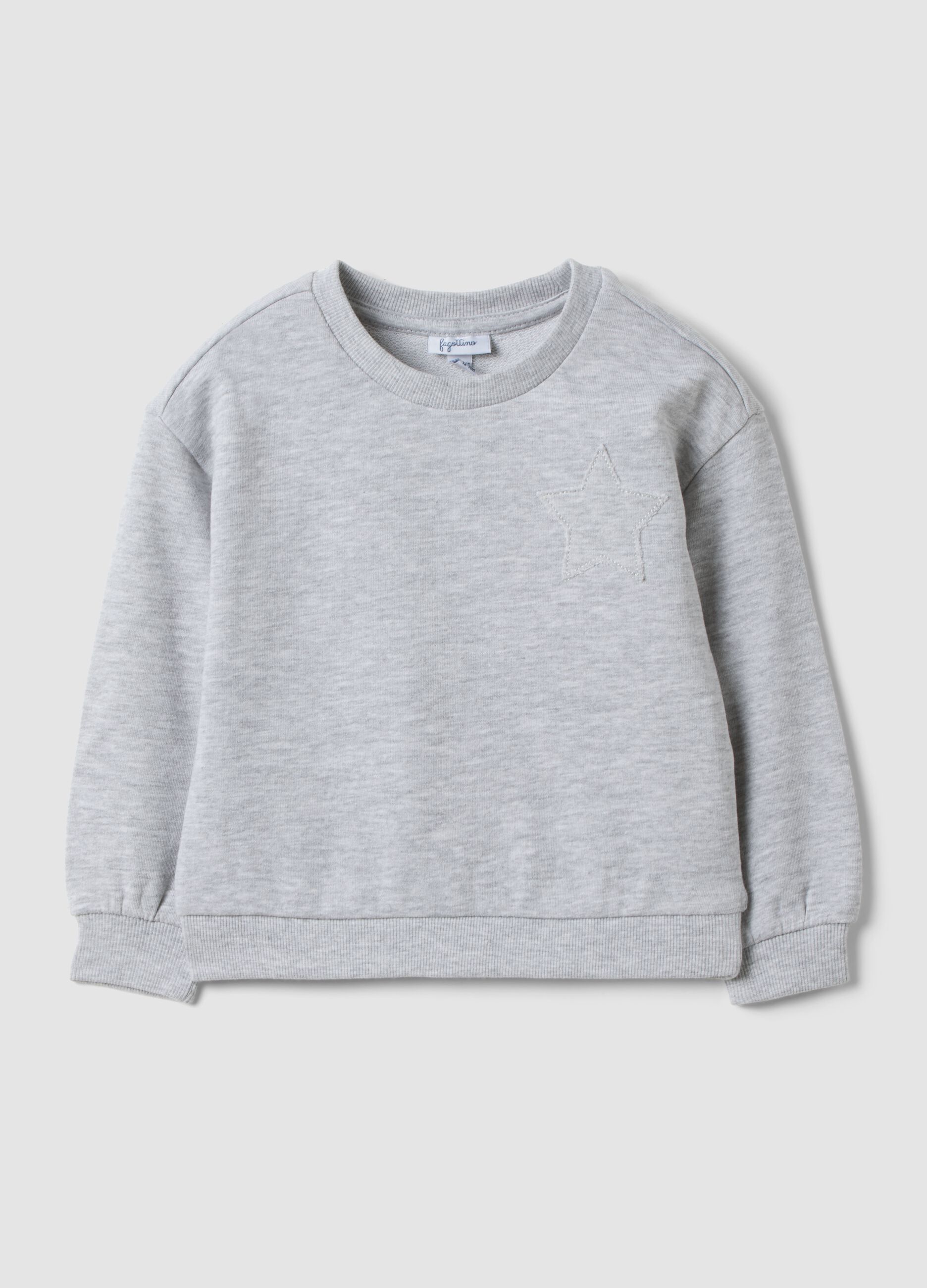 Sweatshirt cinzenta de gola redonda em mistura de algod&atilde;o e viscose com estrela bordada para menina beb&eacute;