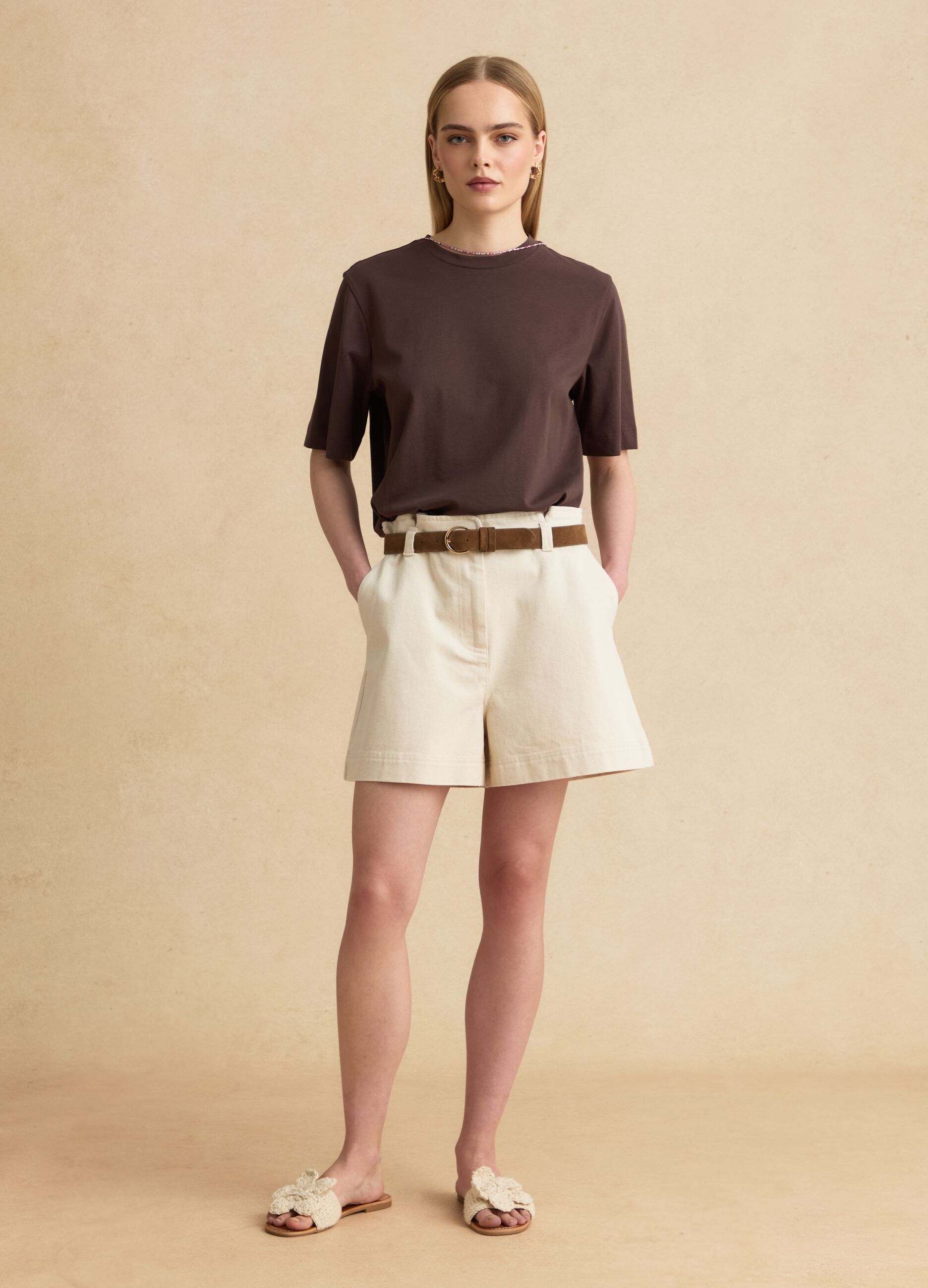 Brown pure cotton short-sleeve T-shirt