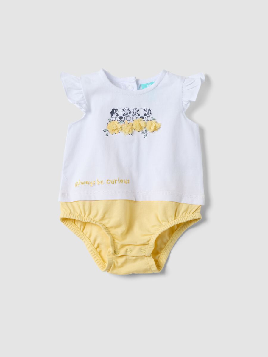 Yellow and white organic cotton baby bodysuit with frills_0