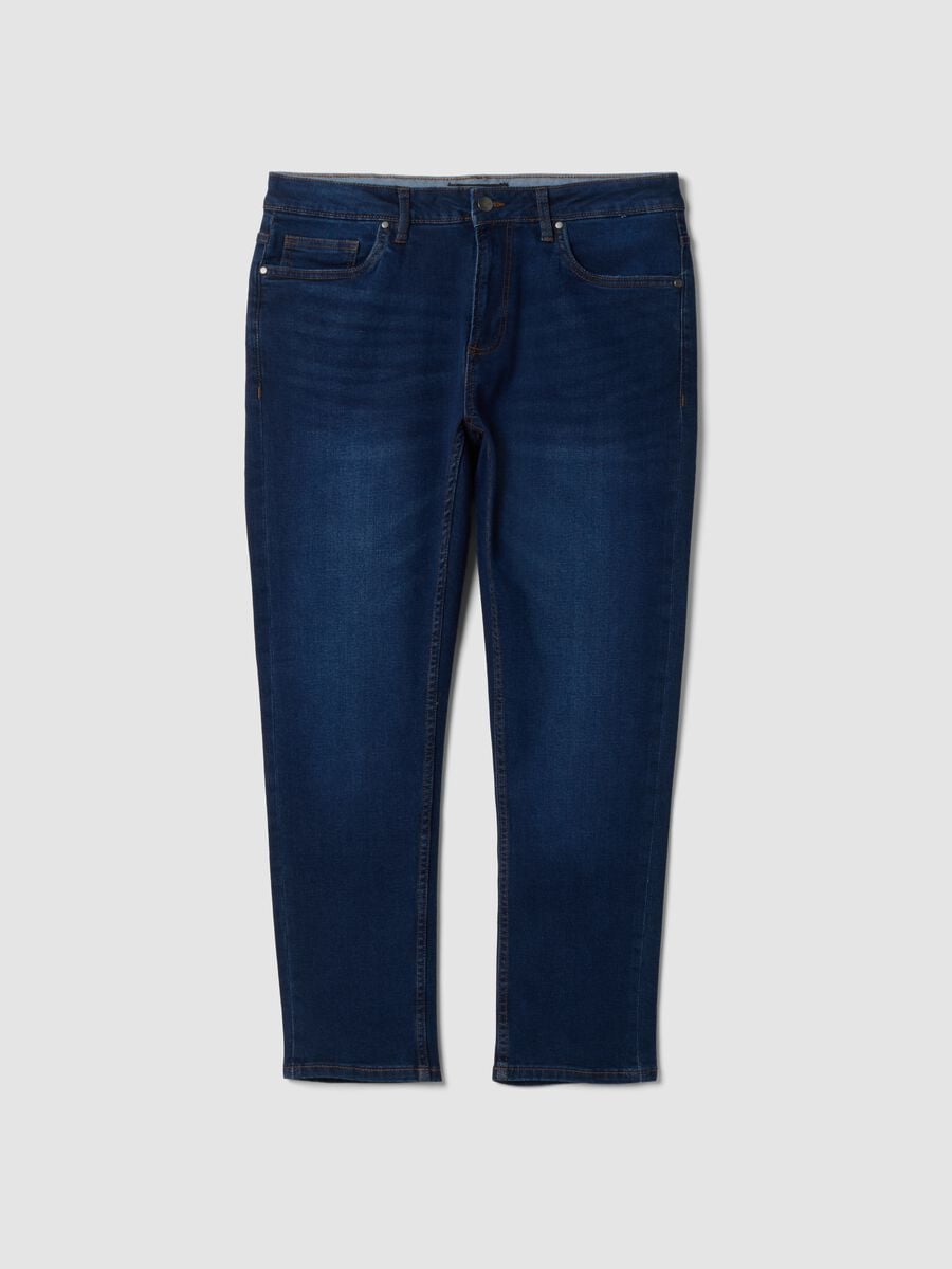 Dark blue stretch cotton slim tapered fit jeans_0