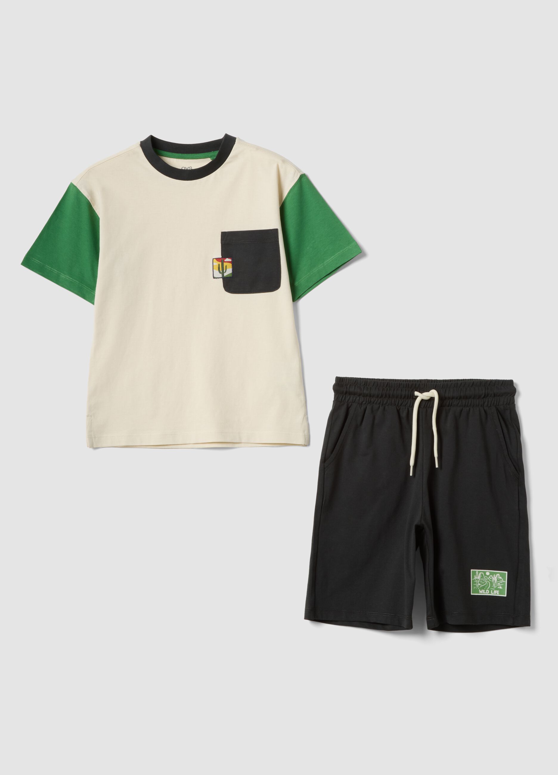 Beige and black pure cotton set with T-shirt and shorts