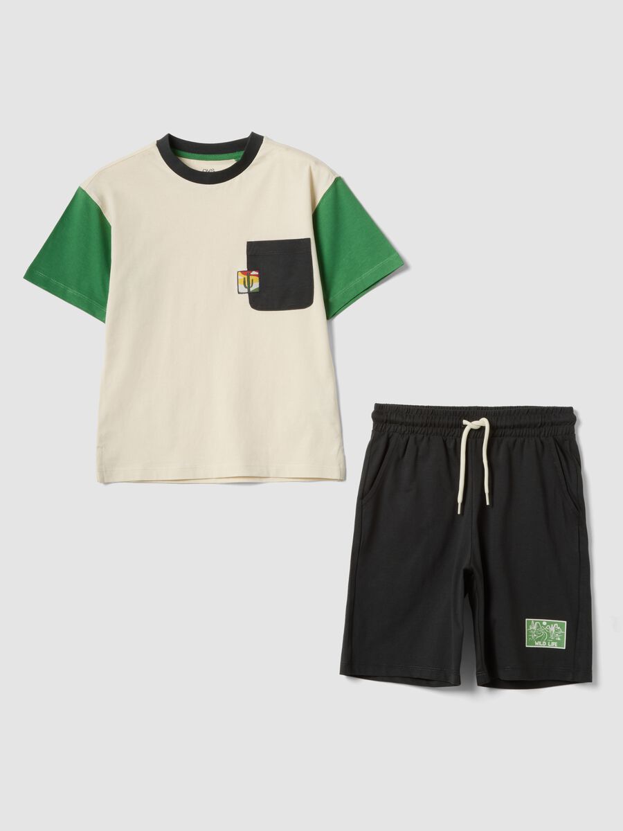 Beige and black pure cotton set with T-shirt and shorts_0