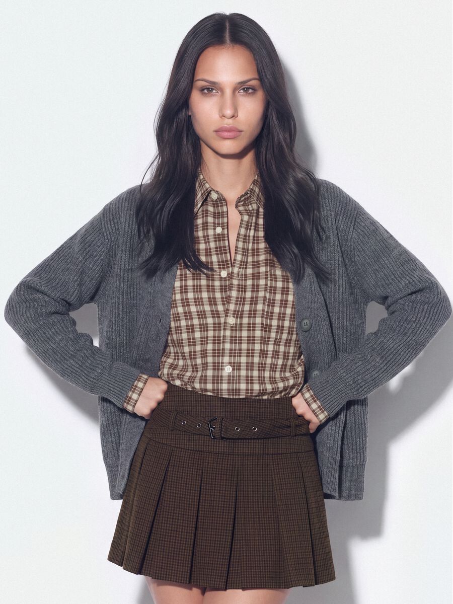 Grey stretch-wool cardigan with deep V-neck, oversized fit_0