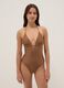 Brown stretch-fabric one-piece swimsuit with braided tie straps_0