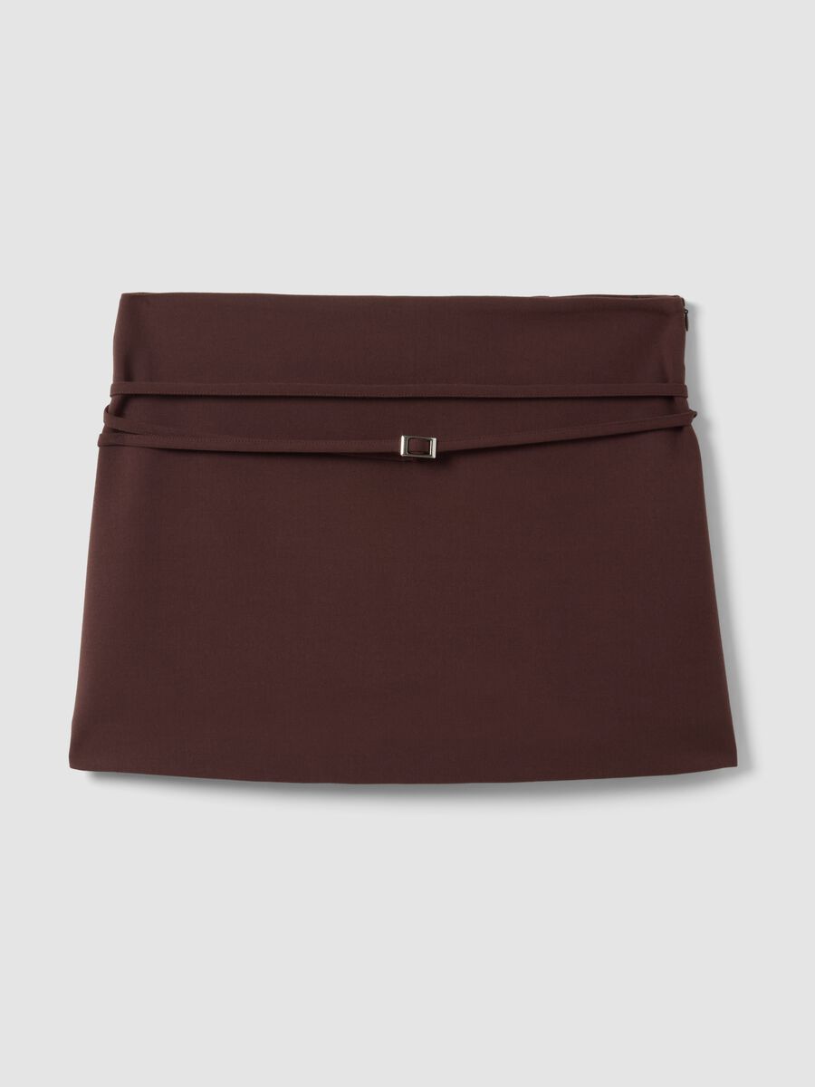 Brown stretch viscose mini skirt with belt_0