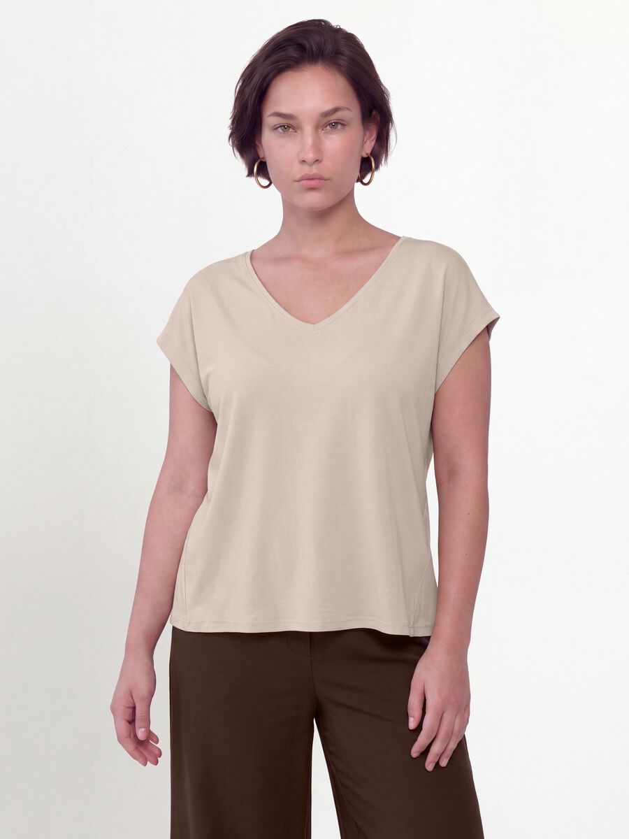 Beige pure viscose V-neck T-shirt, regular fit_0