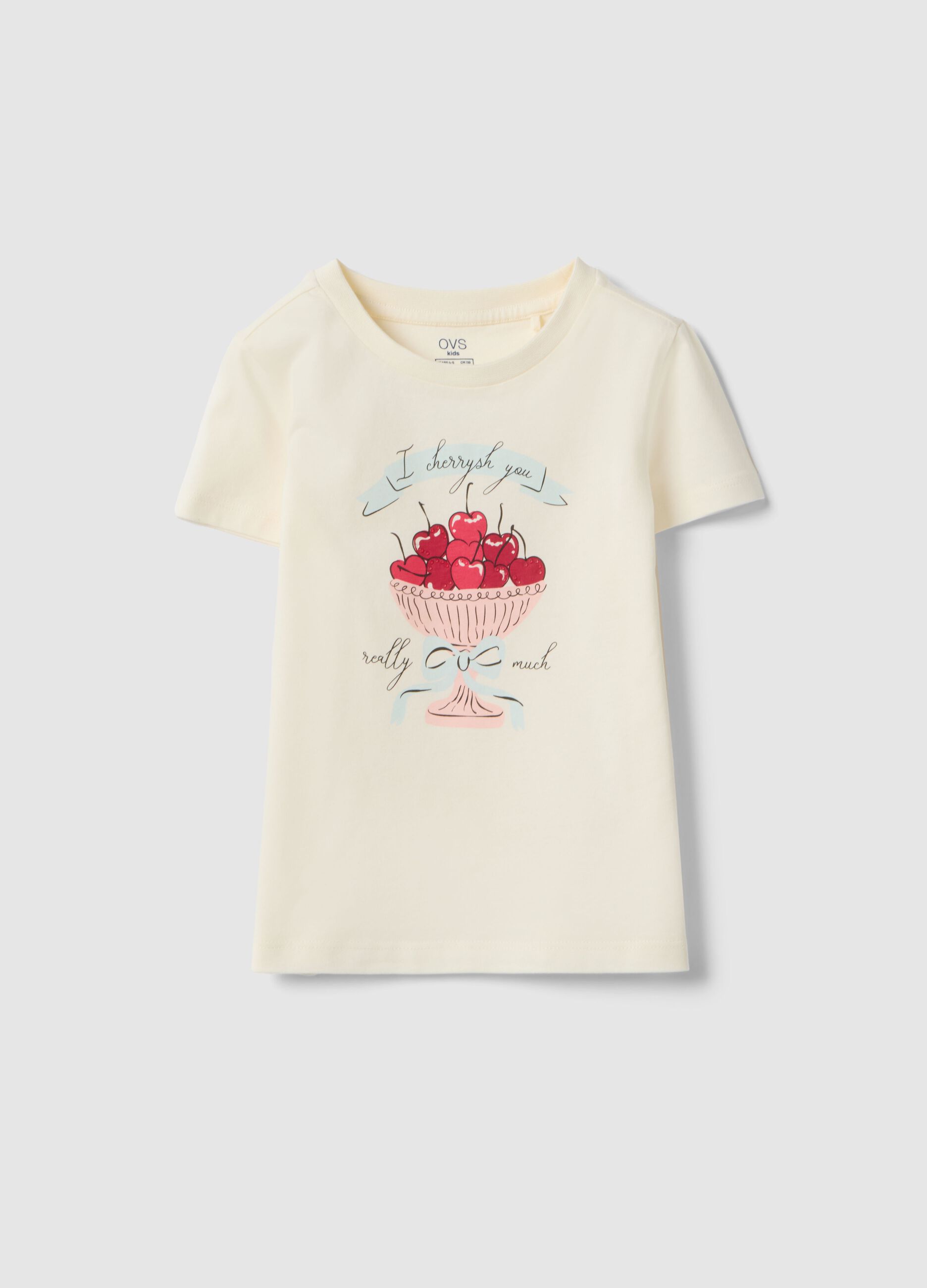 T-shirt bege em puro algod&atilde;o regular fit com estampado para meninas