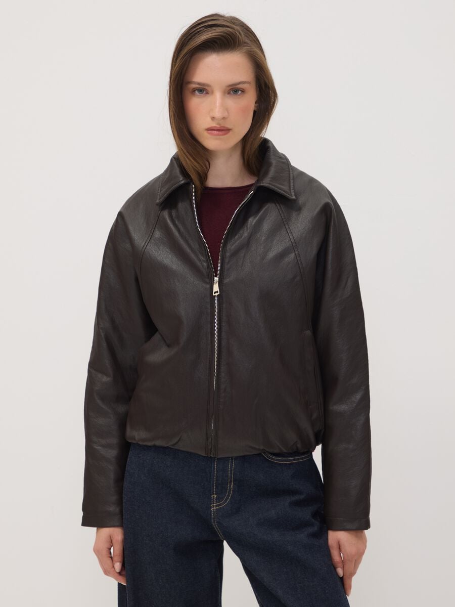 Brown padded viscose-blend jacket with zip and oversized fit_1