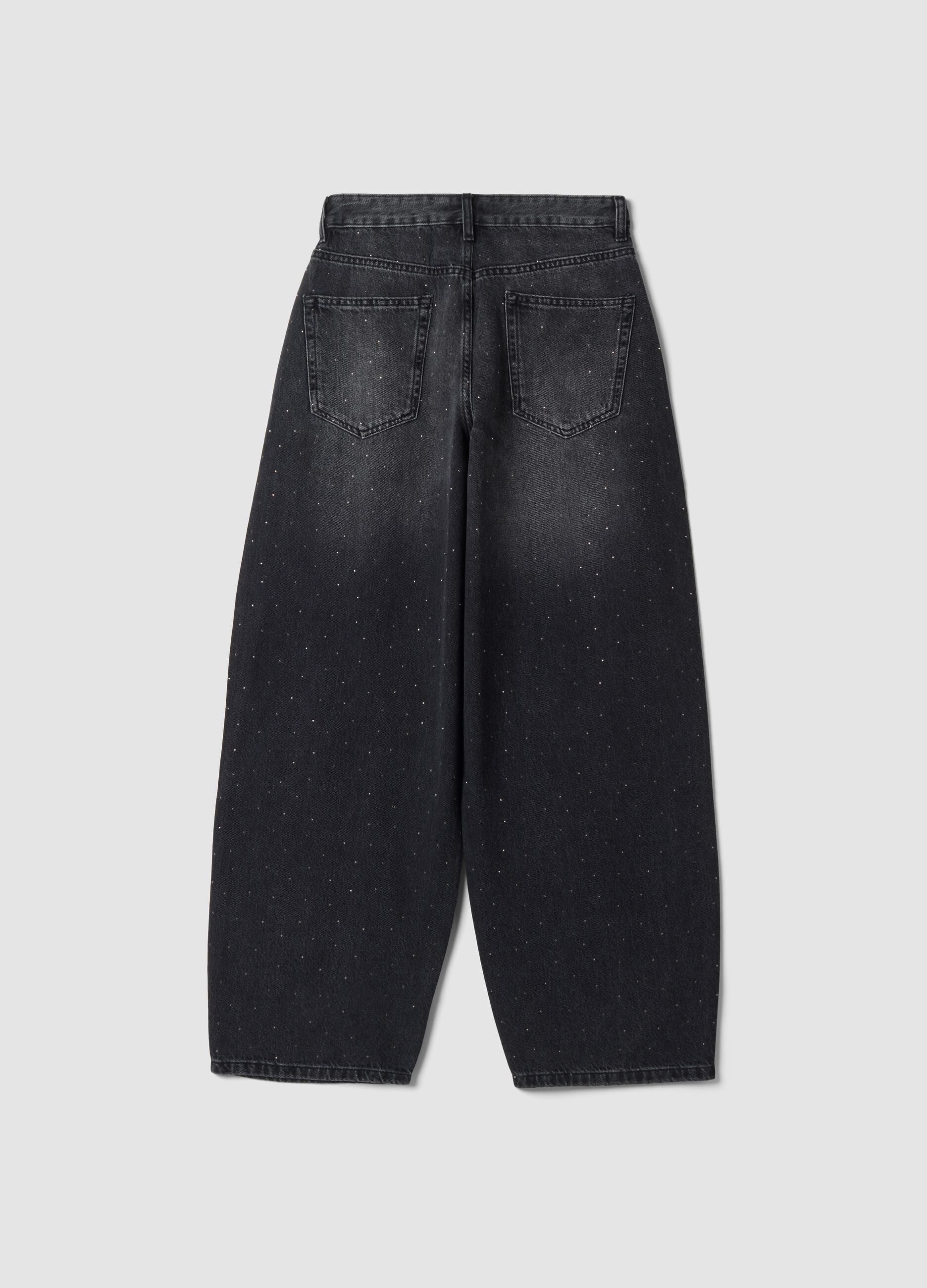 Jeans neri in puro cotone skater fit con strass