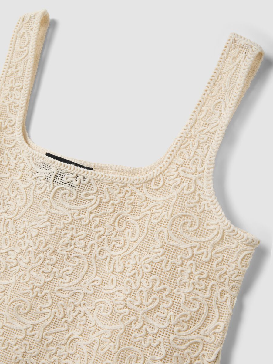 Beige cotton-blend regular-fit tank top with embroidery and mesh_5