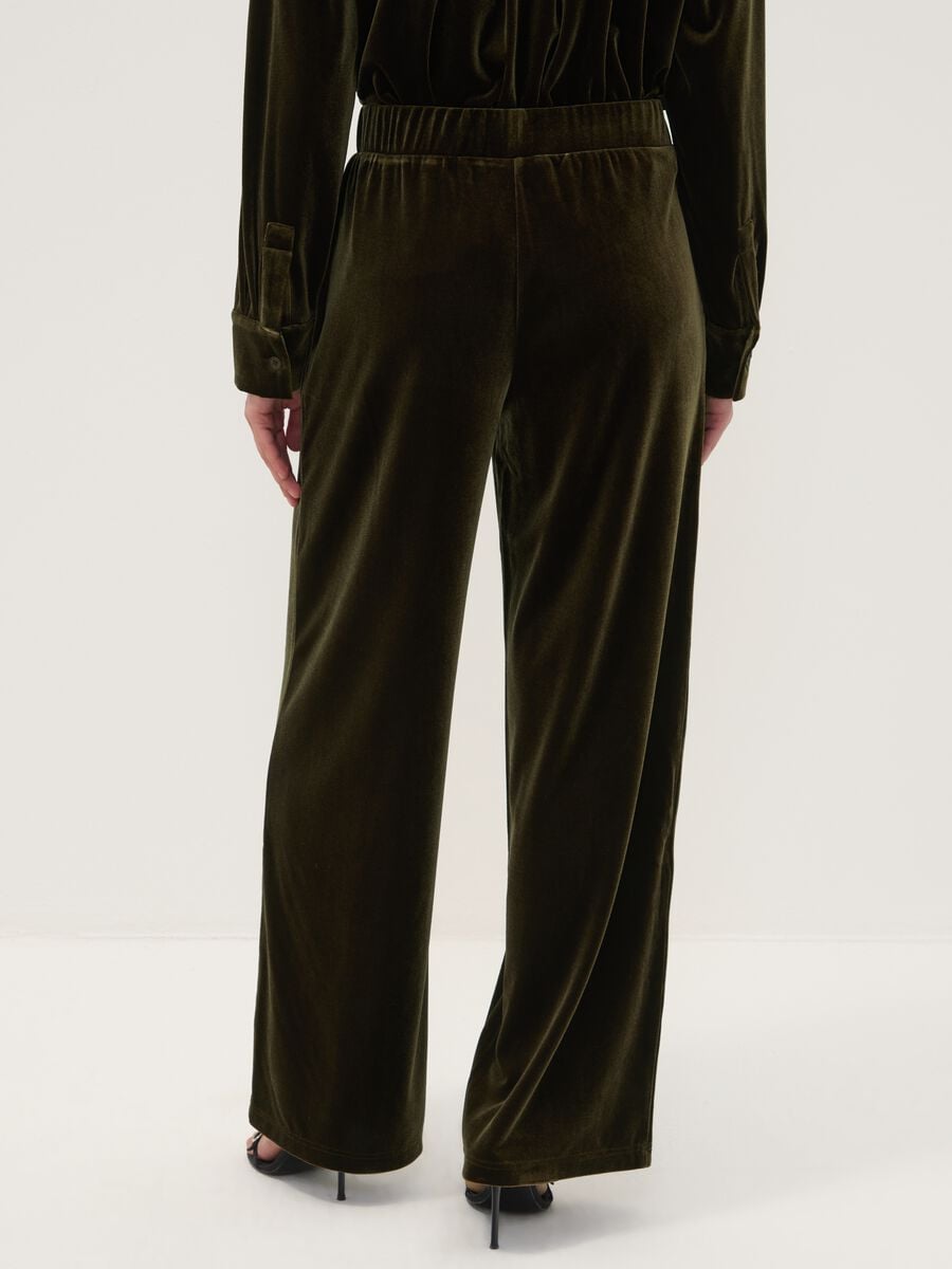 Pantaloni verdi wide leg in tessuto velour elasticizzato_3