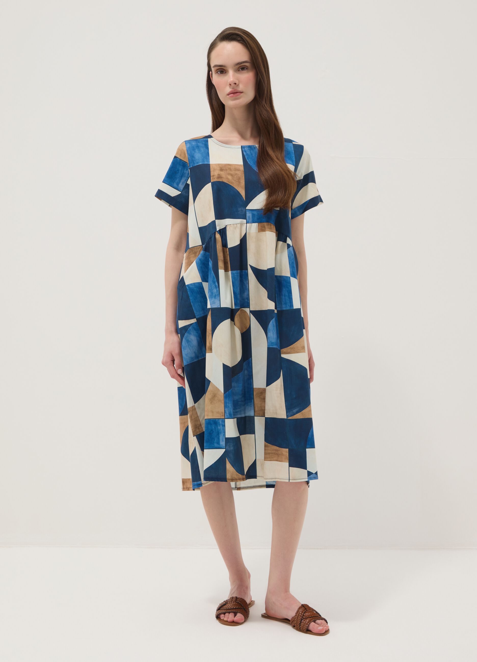 Midi-Kleid aus elastischer Baumwolle in Multicolor mit geometrischem Print