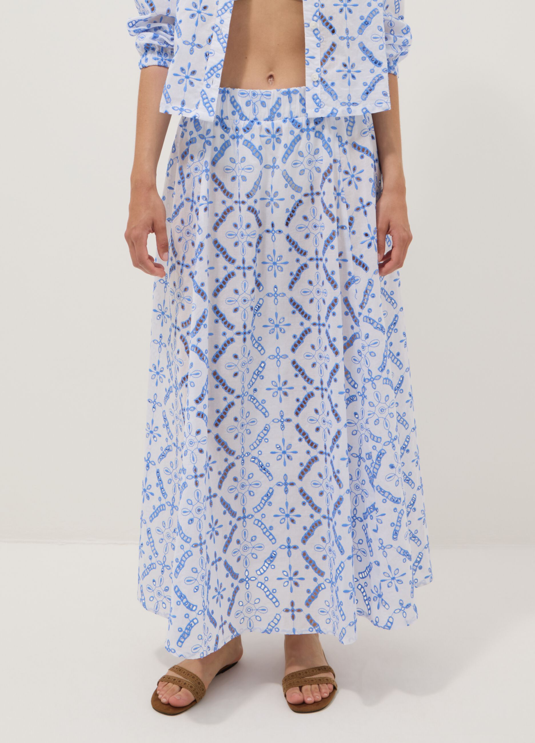 Blue organic cotton skirt with broderie anglaise embroidery