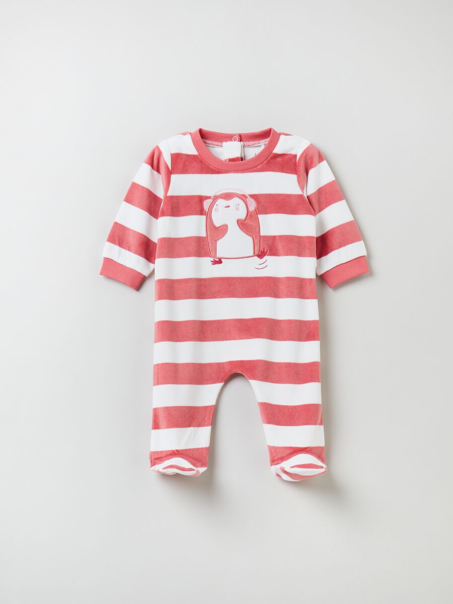 Striped velour onesie with embroidered penguin_0