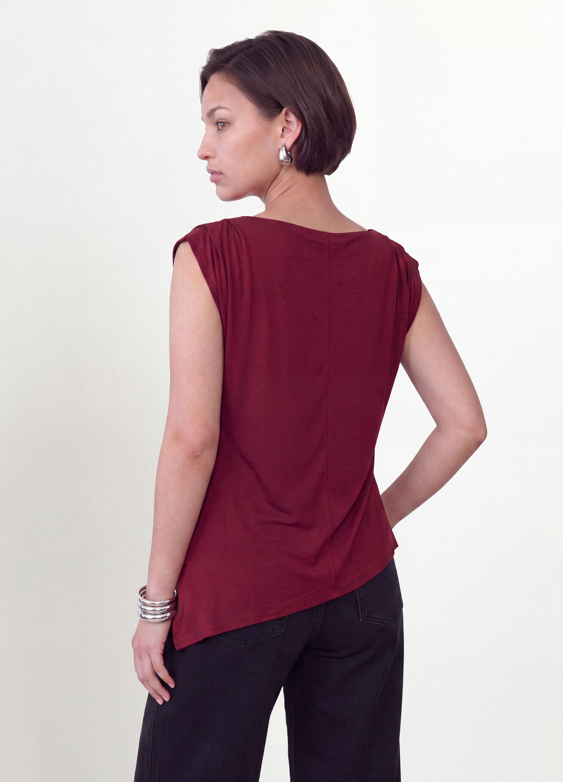 Red stretch viscose T-shirt with draped neckline
