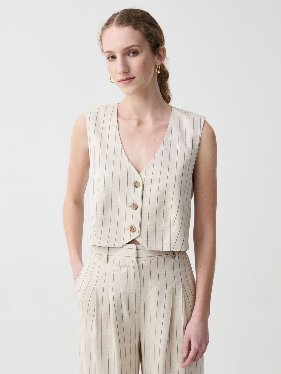 Linen and viscose gilet with V neck_0