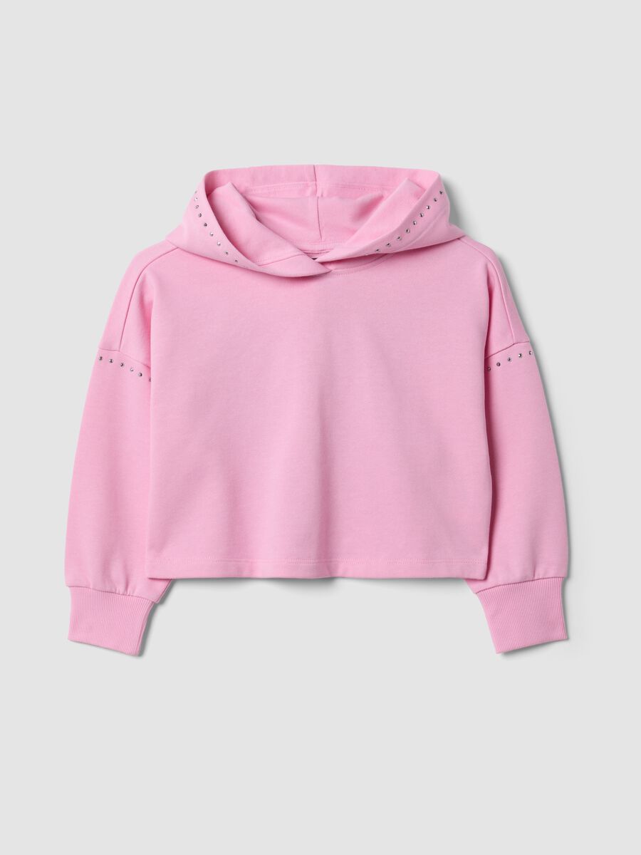 Pink pure cotton hoodie with rhinestones for girls_0
