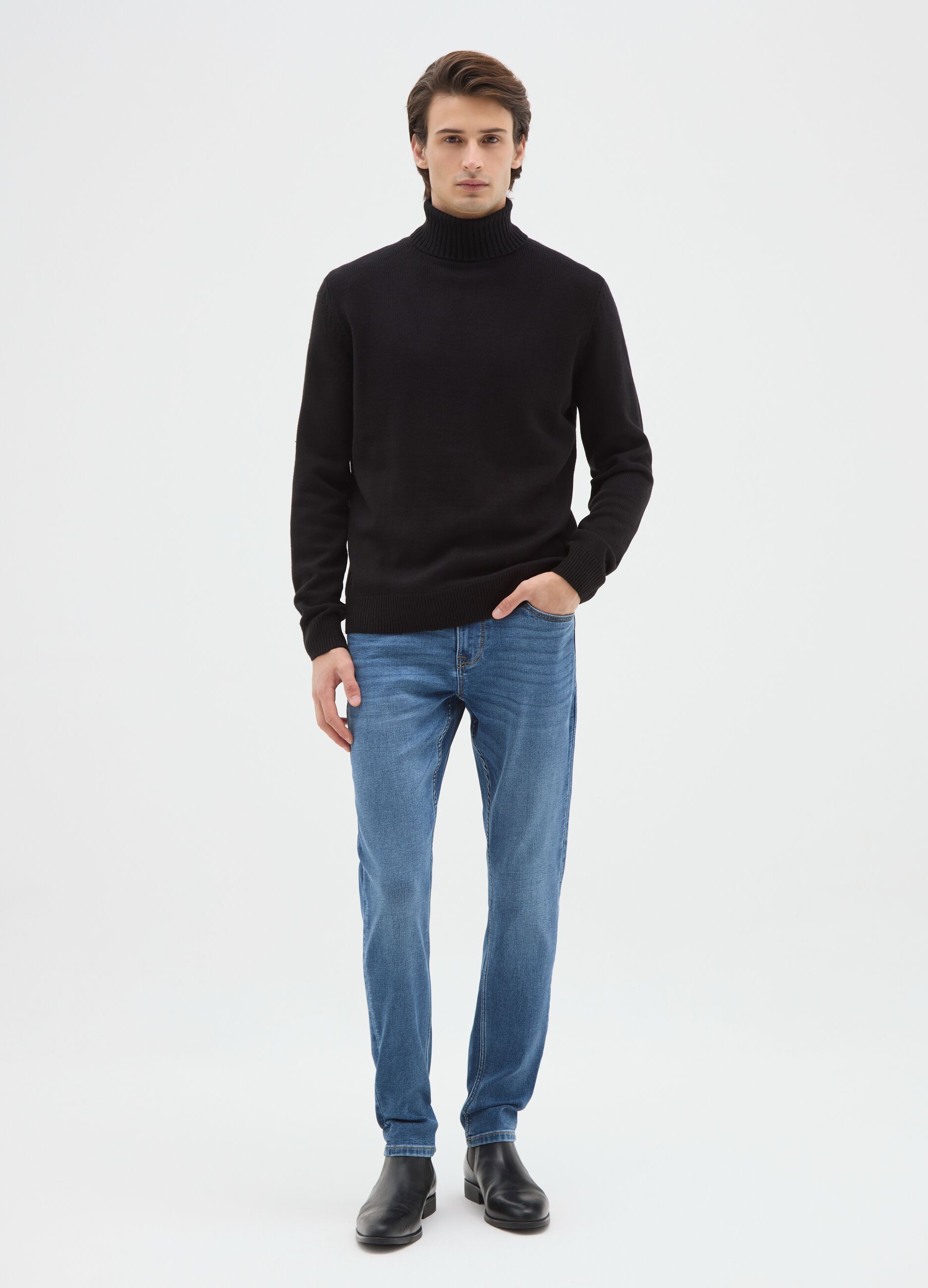 Jeans denim azul skinny fit de mistura de algod&atilde;o