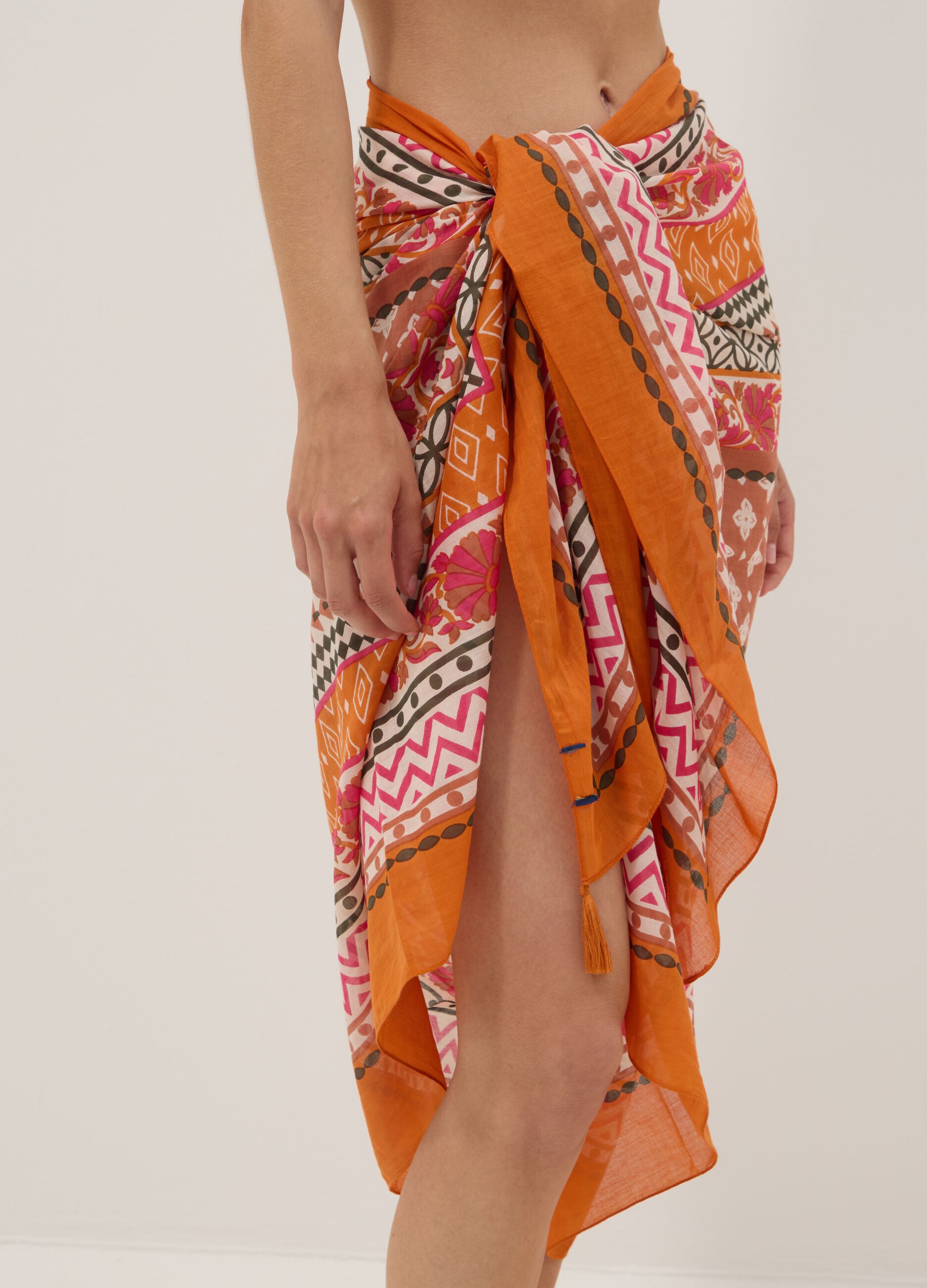 Orange pure cotton pareo with patterned print