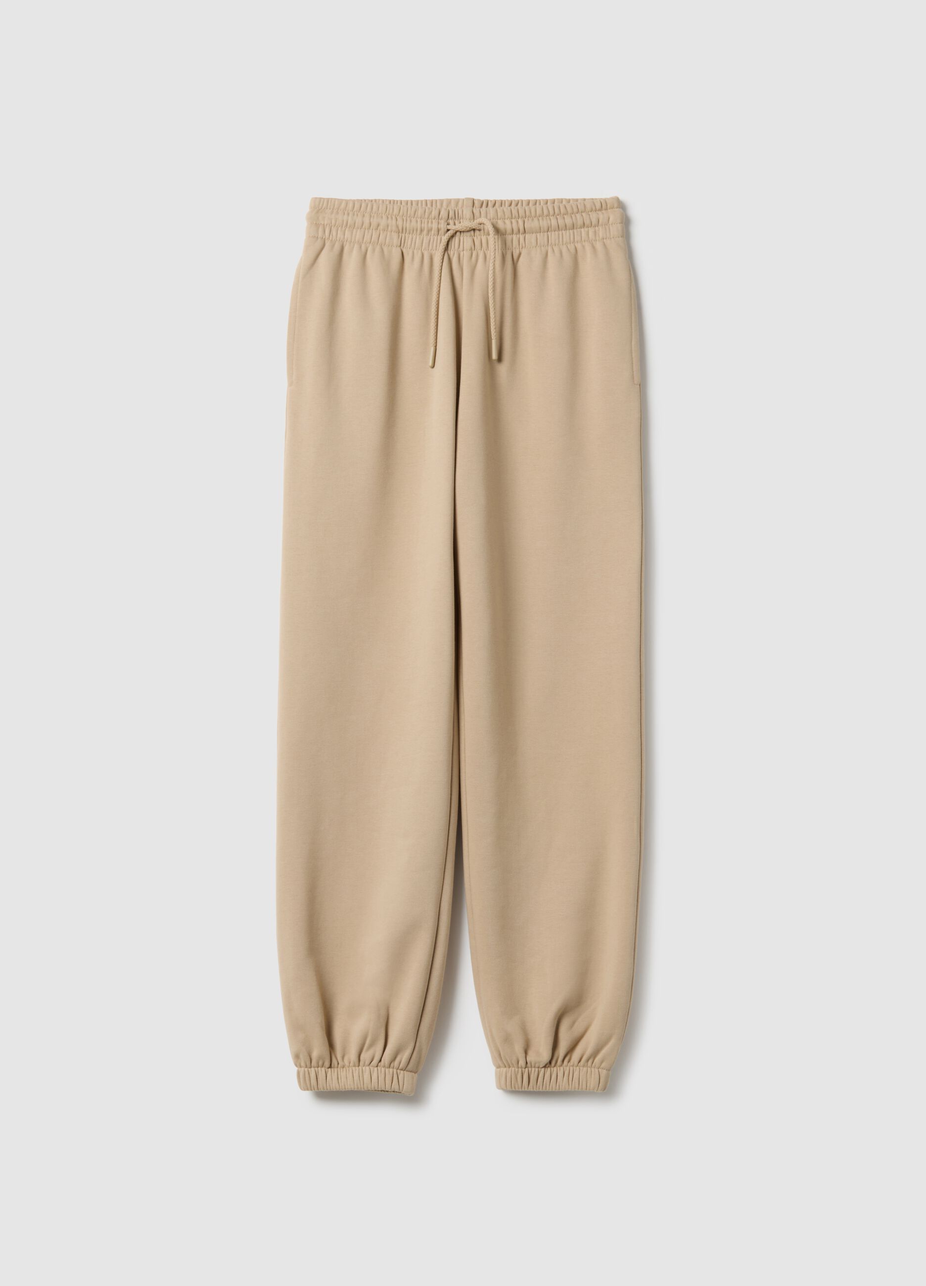 Beige cotton blend regular fit jogger trousers