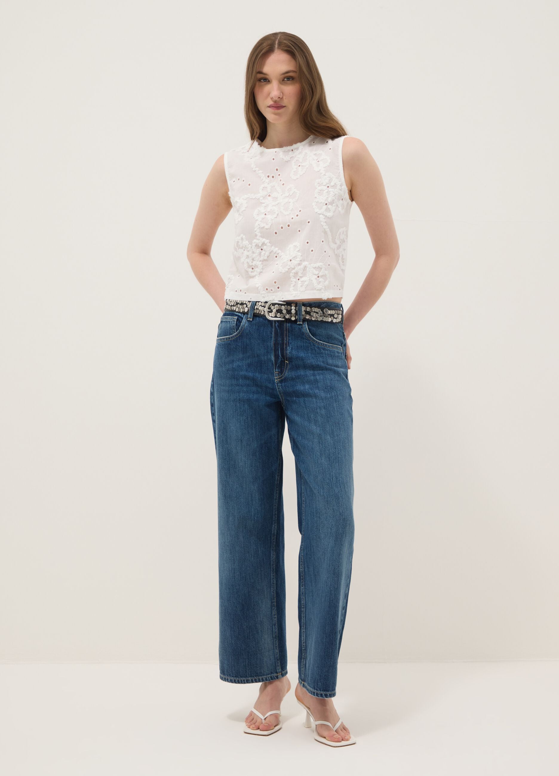 White pure cotton tank top with floral embroidery